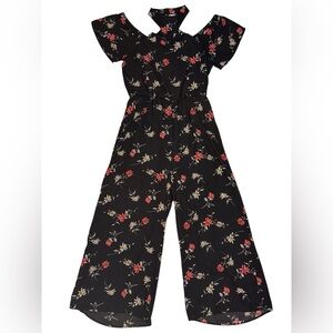 Floral Black Boho Festival Small Jumpsuit Flutter Shoulder Choker Neck Wide Leg